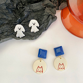 Cartoon dripping oil cat earrings cute paint dog silver needle earrings small ear clip pendant without ear holes