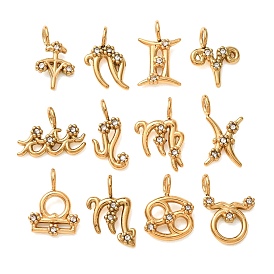 304 Stainless Steel with Crystal Rhinestone Charms, Twelve Constellations Charms, Polished, Ion Plating(IP), Golden