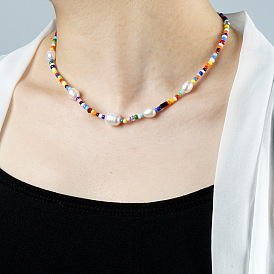 Rainbow Rice Bead Ethnic Style Women's Necklace - Natural Freshwater Pearl, Minimalist.