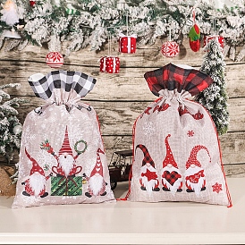Christmas Gnome Printed Burlap Drawstring Bags, Rectangle Tartan Gift Storage Pouches, Christmas Party Supplies
