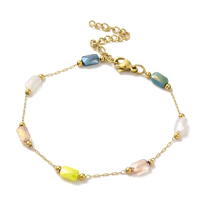 Colorful Rectangle Glass Link Chains 304 Stainless Steel Bracelets for Women
