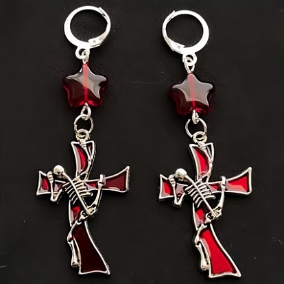 Halloween Alloy Enamel Leverback Earrings, Cross & Skull Dangle Earrings for Women