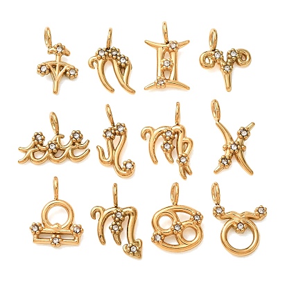 304 Stainless Steel with Crystal Rhinestone Charms, Twelve Constellations Charms, Polished, Ion Plating(IP), Golden