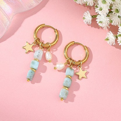 Серьги-подвески из натурального ларимара с натуральным культивированным пресноводным жемчугом., с латунными подвесками в виде звезд, Серьги из 202 нержавеющей стали
