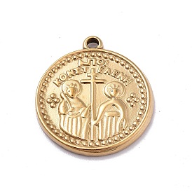Ion Plating(IP) 304 Stainless Steel Pendants, Flat Round with Cross & Saints Constantine and Saint Helen Charms