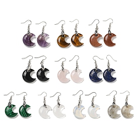 Rack Plating Moon Brass Dangle Earrings for Women, with Gemstone, Cadmium Free & Lead Free