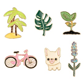6Pcs 6 Style Alloy Enamel Brooches, Enamel Pin, with Brass Butterfly Clutches, Dog & Bicycle & Leaf & Flower & Sprout & Coconut Tree