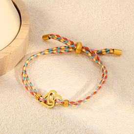 304 Pulseras ajustables con cordón de algodón trenzado y eslabones de acero inoxidable, dorado