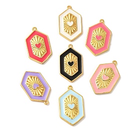 Rack Plating Brass Enamel Pendant, Cadmium Free & Lead Free, Long-Lasting Plated, Hexagon with Heart Charm, Real 18K Gold Plated