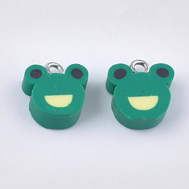 Handmade Polymer Clay Charms, with Iron Findings, Frog, Platinum