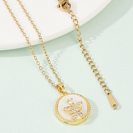 Плоская круглая подвеска с пчелой из латуни с микропаве из кубического циркония, ожерелья для женщин, с 304 цепью из нержавеющей стали и пластиковой имитацией оболочки, стойки покрытие, ионное покрытие (ip)