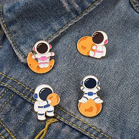 Space-themed Alloy Brooch Set for Couples - Moon Astronaut Design with Exquisite Enamel Finish