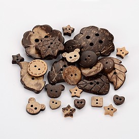 Kokos Knöpfe, gemischten Stil, Kaffee, 9~38x10~38x3~5 mm, Bohrung: 1~4 mm