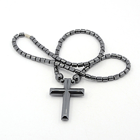 Мужской святой крест кулон ожерелье магнитного синтетический гематит, с латунными магнитными застежками , 18.1 дюйм