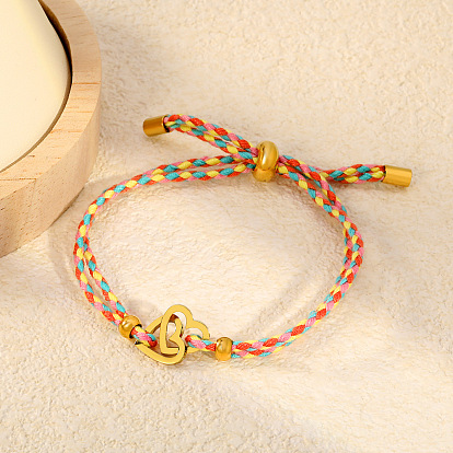 304 Pulseras ajustables con cordón de algodón trenzado y eslabones de acero inoxidable, dorado