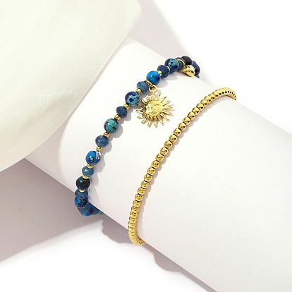 2Pcs 2 Style Natural Lapis Lazuli Beaded Stretch Bracelets Set, Stackable Bracelets with Ion Plating(IP) 304 Stainless Steel Sun Charms