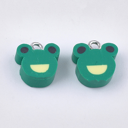 Handmade Polymer Clay Charms, with Iron Findings, Frog, Platinum