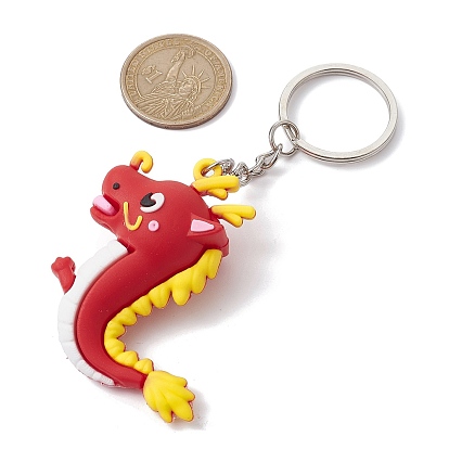 2Pcs 2 Styles Cartoon Dragon PVC Plastic Keychain, with Iron Split Key Rings