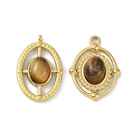 Natural Tiger Eye Pendants, Ion Plating(IP) 304 Stainless Steel Oval Charms, Real 18K Gold Plated