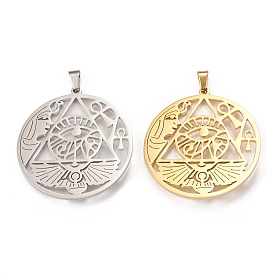 304 Stainless Steel Hollow Pendants, Flat Round with Eye of Horus & Ankh Cross & Wing Charm