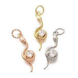 Rack Plating Brass Micro Pave Cubic Zirconia Charms, Long-Lasting Plated, Lead Free & Cadmium Free, Snake, with Jump Ring