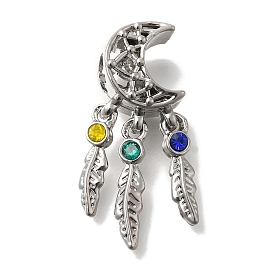 Rack Plating Alloy Colorful Rhinestone European Dangle Charms, Moon with Feather Large Hole Pendants, Lead Free & Cadmium Free