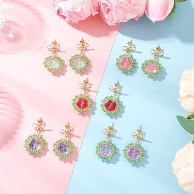 Серьги-гвоздики с подвесками из цветочного стекла, с цилиндрическим бисером и стеклянным бисером, золотые