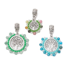 3Pcs 3 Styles Faceted Round Natural Green Aventurinee & Tourmaline & Apatite & Glass Seed Beads European Dangle Charms, Alloy Tree of life Large Hole Pendants, Antique Silver