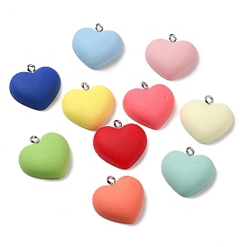 Opaque Resin Pendants, Heart Charms with Platinum Plated Iron Loops