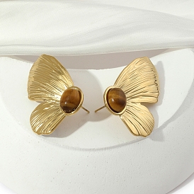 201 Natural Stainless Steel Butterfly with Natural Tiger Eye Stud Earrings, with 304 Stainless Steel Pins