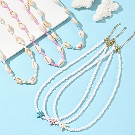 6 шт. 6 стили ожерелья из синтетических морских звезд цвета бирюзы, натуральных ракушек каури и стеклянных бусин, золотые