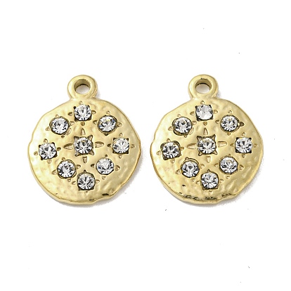 304 Stainless Steel Pendants, with Crystal Rhinestone, Flat Round Charms
