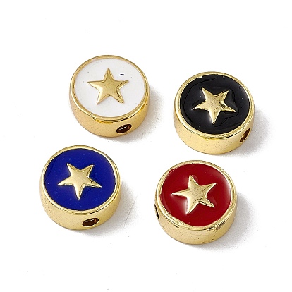 Brass Enamel Beads, Long-Lasting Plated, Cadmium Free & Lead Free, Real 18K Gold Plated, Flat Round with Star