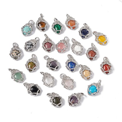 Gemstone Pendants, Oval Charms, with Platinum Tone Brass Rose Findings, Cadmium Free & Nickel Free & Lead Free