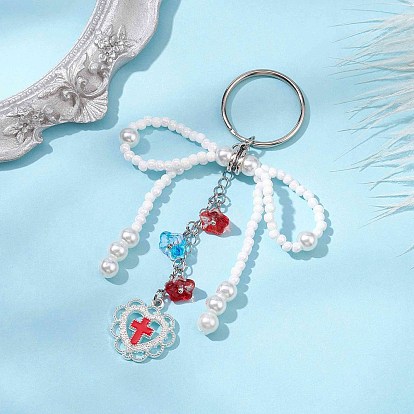 Glass Seed Bead Keychain, with Iron Split Key Ring and Alloy Enamel Pendants