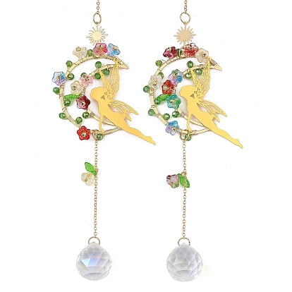 Stainless Steel Moon Fairy Suncatchers, Glass Rainbow Maker Prism Hanging Ornament with Acrylic Flower Beads, for Window & Home Decor