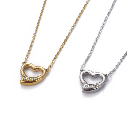 304 Stainless Steel Pendant Necklaces, with Rhinestone and Cable Chains, Heart