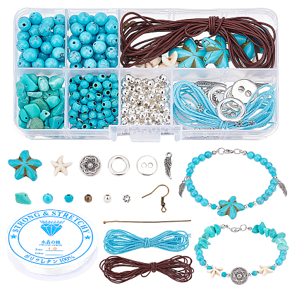 Kit para hacer pendientes, pulseras y collares con piedras preciosas, Incluye cuentas turquesas sintéticas redondas, chips y estrellas de mar, encanto de ala de aleación, Ganchos del pendiente de hierro