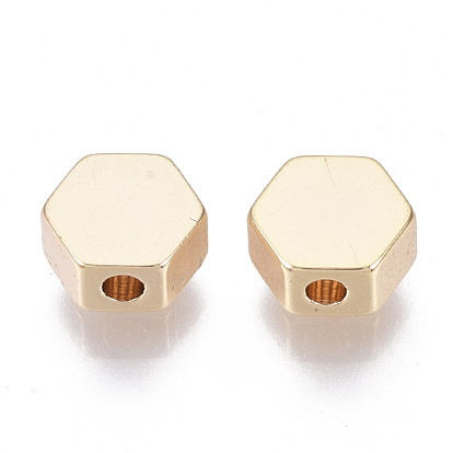 Brass Beads, Nickel Free, Hexagon, Real 18K Gold Plated