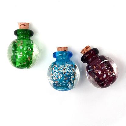 Luminous Handmade Gold Sand Lampwork Pendants, with Wood Stopper, Perfume Bottle, Essential Oil Bottle