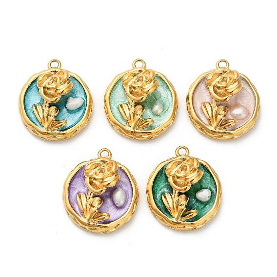304 нержавеющей стальной эмали подвески, плоские круглые с цветком, с ABS имитации жемчуга, ионное покрытие (ip), реальный 18 k позолоченный