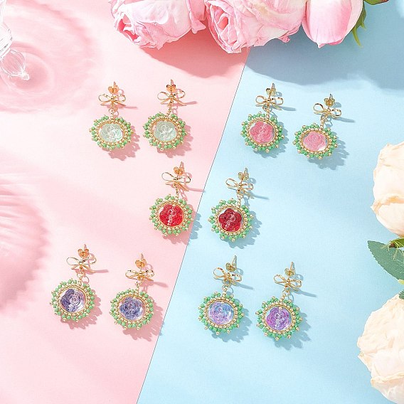 Серьги-гвоздики с подвесками из цветочного стекла, с цилиндрическим бисером и стеклянным бисером, золотые