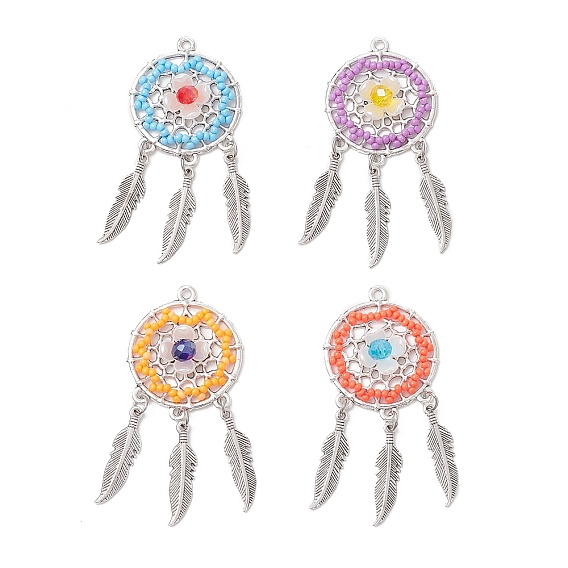 4шт 4цвета подвески из стеклянных бусин ручной работы, плетеная сетка из сплава с перьями, с абс пластмассовой имитационной жемчужиной