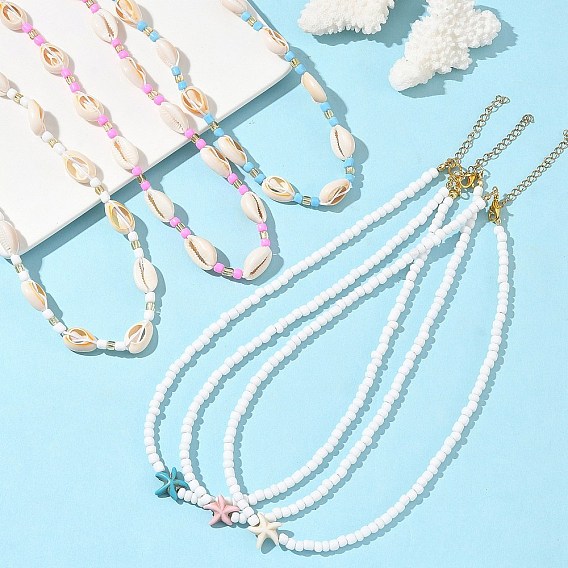 6 шт. 6 стили ожерелья из синтетических морских звезд цвета бирюзы, натуральных ракушек каури и стеклянных бусин, золотые