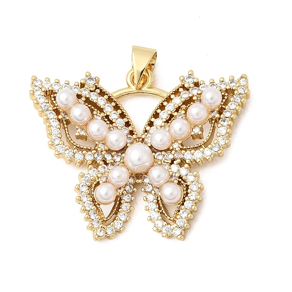 Латунные микропаве прозрачные подвески с фианитом, Подвески в виде бабочек с имитацией жемчуга из АБС-пластика, долговечный, стойки покрытие, без свинца и без кадмия