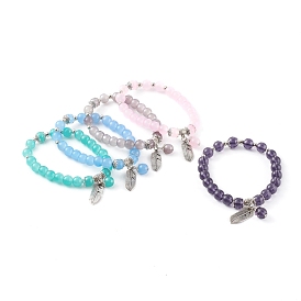 Pulseras elásticas con cuentas de cristal de jade de imitación, con colgantes de plumas de aleación, plata antigua