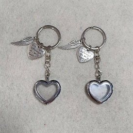 2Pcs Heart & Wing Alloy Glass Pet Hair Memorial Locket Keychains, with 2Pcs Split Key Rings & Velvet Pouches