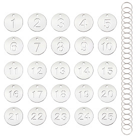 25 шт. плоские круглые с цифрой 1~25 подвески из нержавеющей стали, с 25шт. кольцами