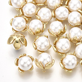 ABS Plastic Imitation Pearl Charms, with Brass Findings, Flower, Real 18K Gold Plated