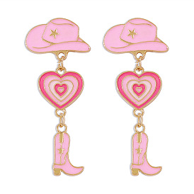 Enamel Heart Cowboy Hat Boot Dangle Stud Earrings, Alloy Jewelry for Women